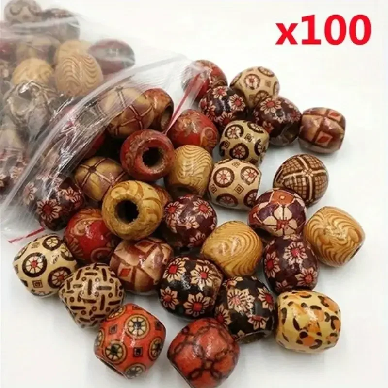 100 pieces of mixed colored wooden bead tribal pattern wooden bead woven rope DIY handmade jewelry making gift Christmas gift