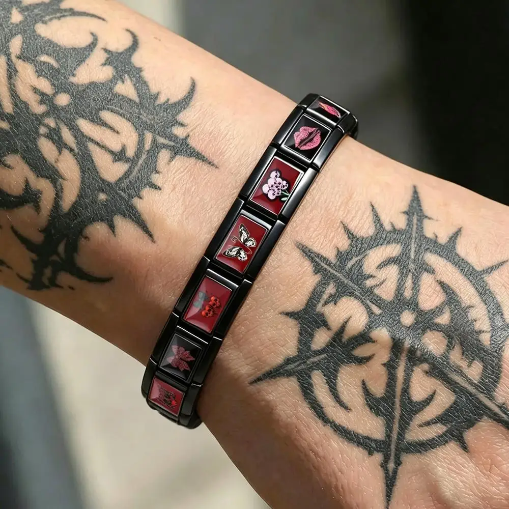 1 Stück Original-Stil Dunkle Ästhetik Rose Schmetterling Fledermausbeißer Italienische Gliederkette Passend für 9mm Armband DIY Perlen Edelstahl Schmuck – Detail 2