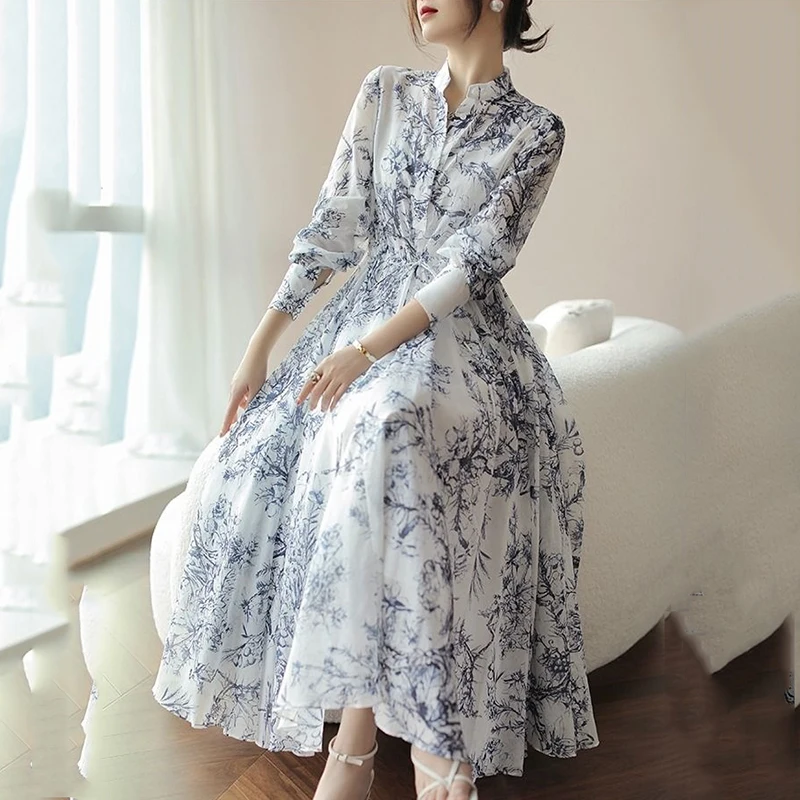 2026 Frühling Chinesischer Stil Tuschmalerei-Druck Midikleid Damen Langarm Französisch Elegante Kleider Koreanische Mode Y2k Kleidung
