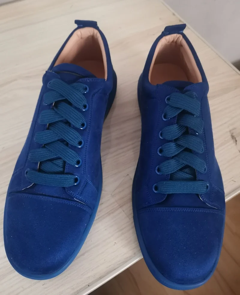 Low Cut Blue Suede Sneakers Men Casual Sneaker Shoes Fashion Handmade Lace-up Men\'s Flats Leather Shoes Skateboarding Shoes