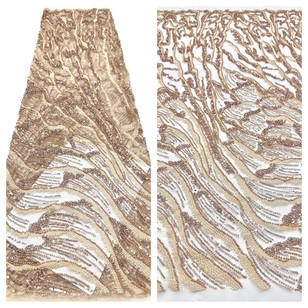 

High-end Luxury Hand Beaded Lace Fabric Bridal Fabric Wedding Fabrics French Nigerian Sequins Beads Embroidered on Tulle 5 Yards