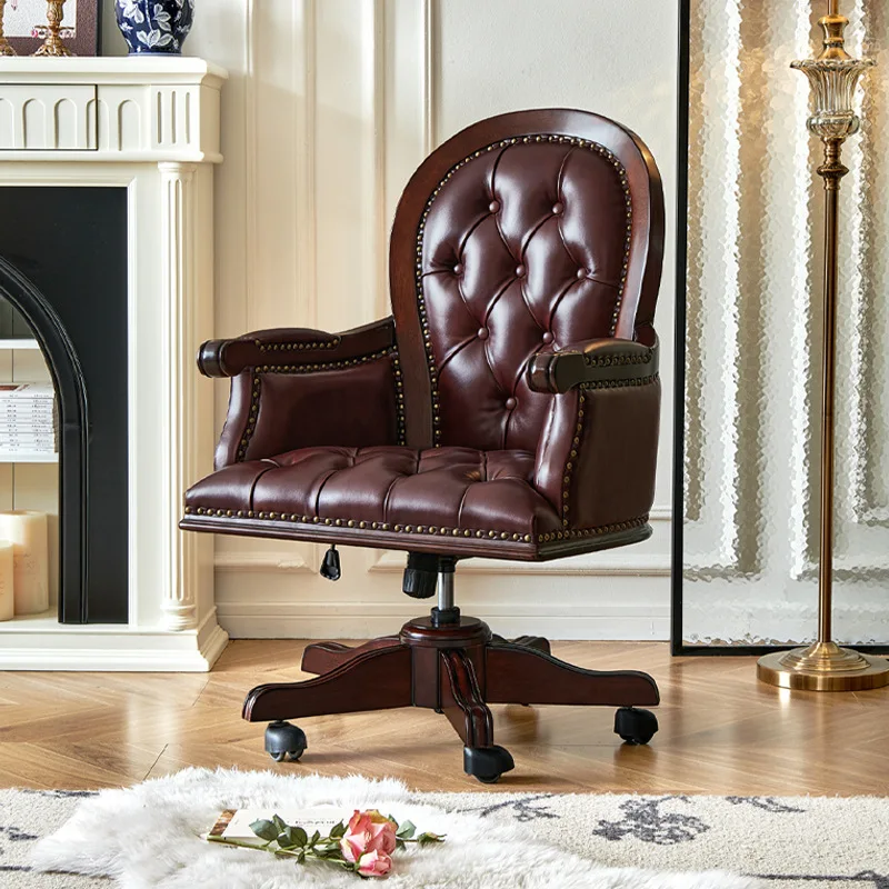 

American solid wood home office chair rotatable first layer oil wax leather retro leather book chair
