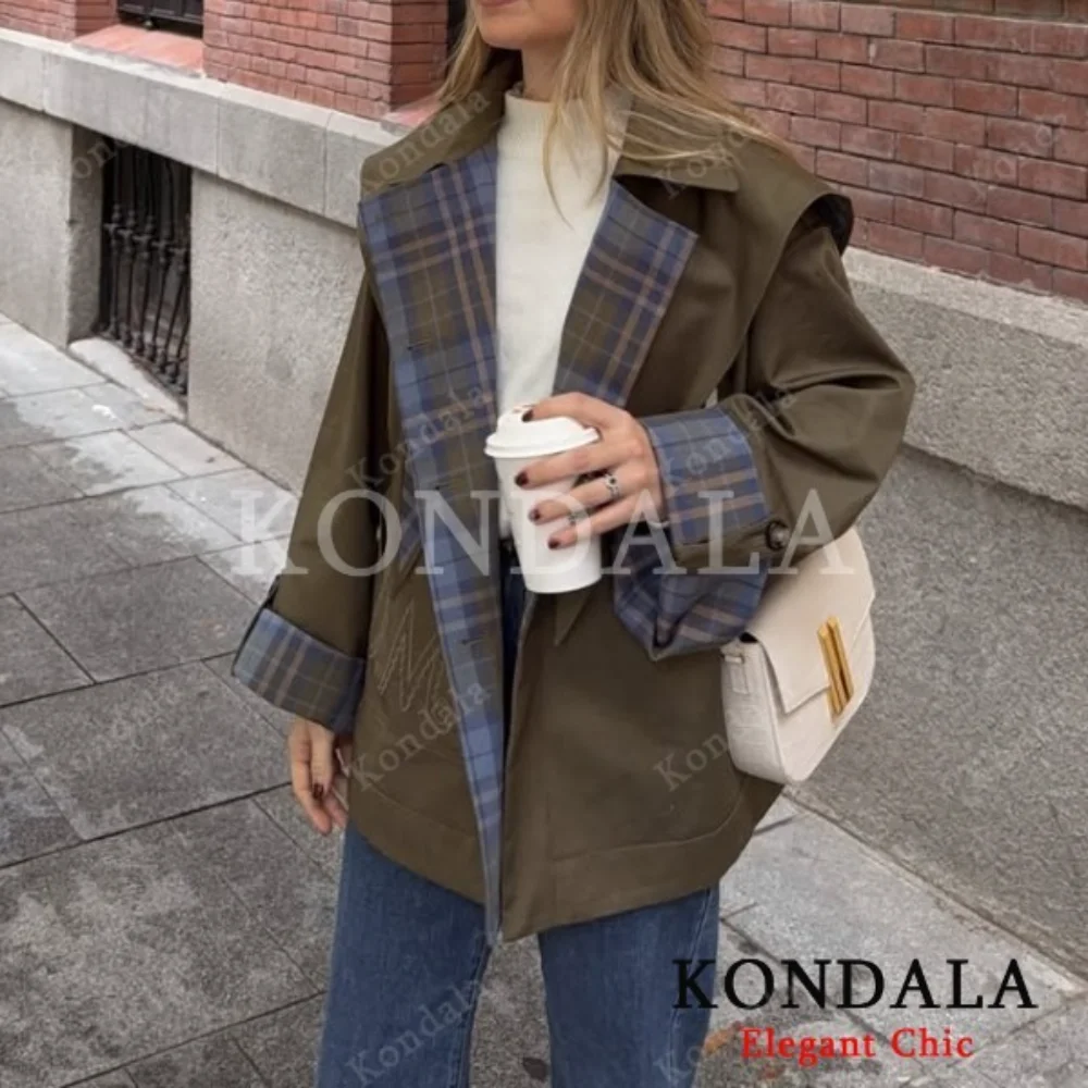 

KONDALA женская осенняя винтажная клетчатая двусторонняя куртка с шарфом и лацканами, пальто 2025 г., модная повседневная женская куртка для уличных поездок и поездок на работу