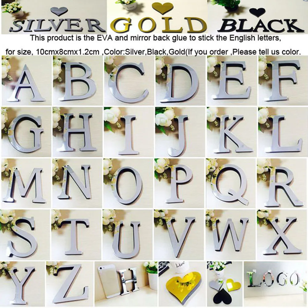 Home Wall Decor 10/15cm 3D Mirror Spell Letters Wall Stickers For Logo Name Alphabet Wedding Letters English Black/Gold/Silver