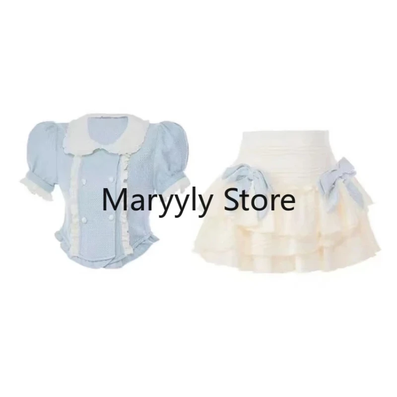 Kawaii Japanese Casual Two Piece Skirt Set Women Summer Fashion Puff Sleeve Blouse + Cute Mini Cake Skirt Sweet Skirt Suits Chic