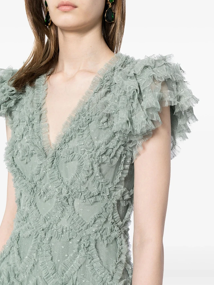 CHICEVER-vestidos con volantes empalmados para mujer, vestido largo de fiesta con cuello en V, manga corta, cintura alta, retazos y cremallera