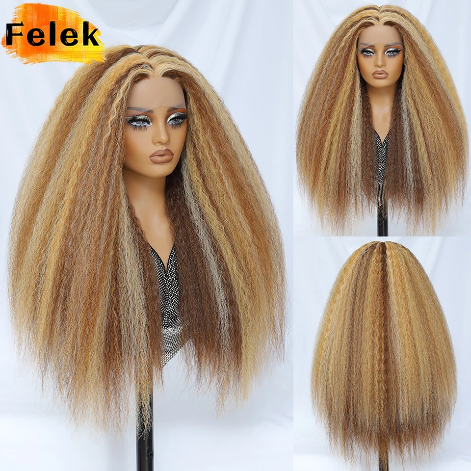 Wig renda lurus Kinky 28 inci hitam sintetis T Part wig depan renda lurus Yaki untuk wanita wig Afro coklat dengan garis rambut