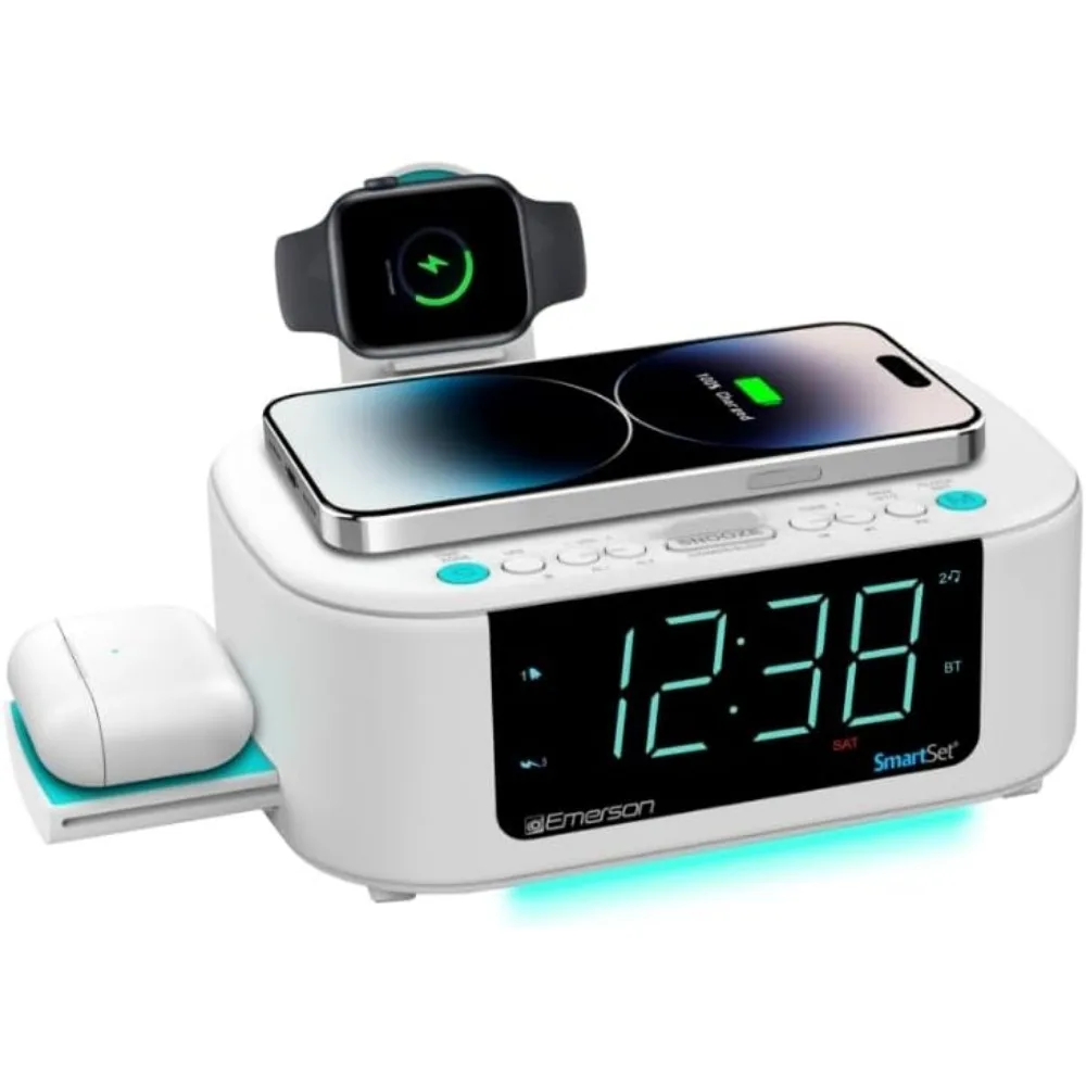 Intelligenter Kabelloser Lade-Wecker FM-Radio Bluetooth-Lautsprecher 15W Schnellladung 3W Einziehbarer Anschluss Weiß