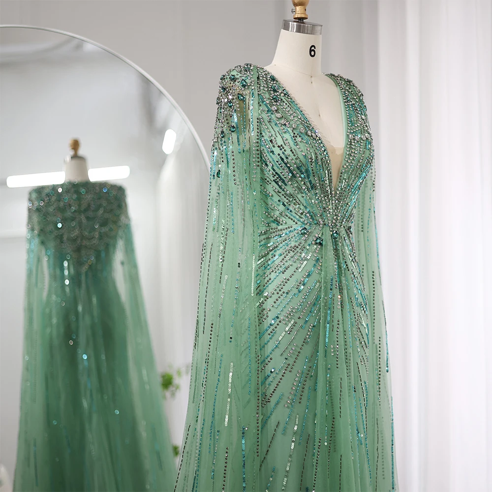 Elegant V-neck uxury Dubai Green Evening Dresses With Cape Fuchsia Crystal Gold Women Wedding Party Gowns Customized فساتين سهرة
