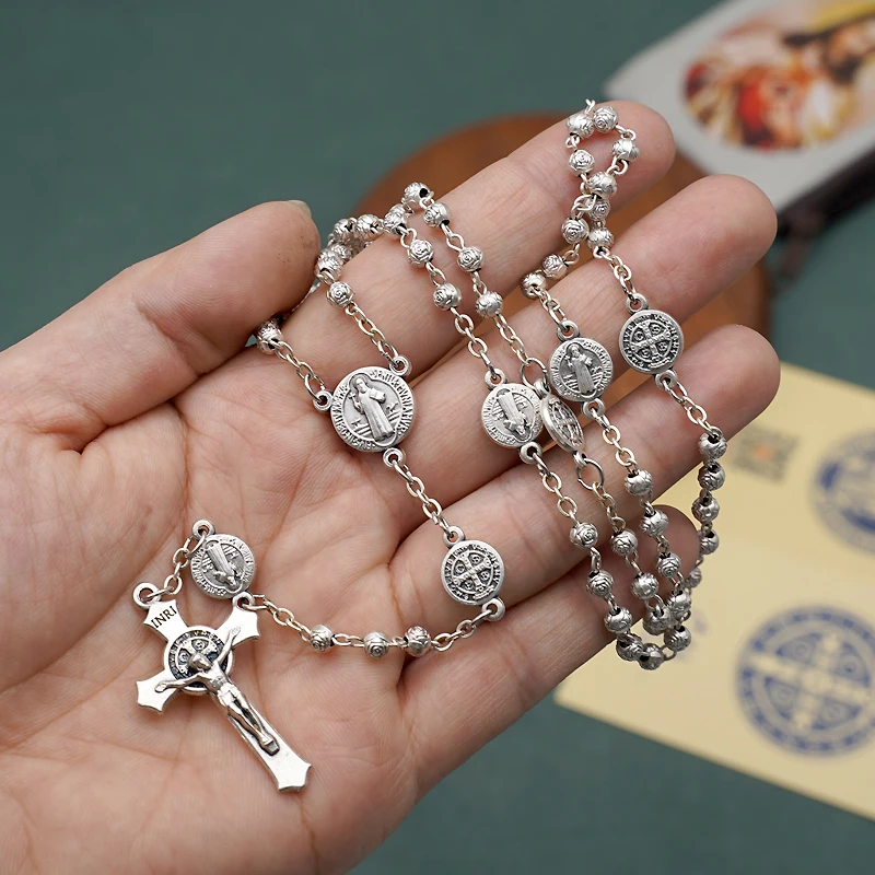 Silver Plated Flower Beads Rosary Cross Necklace Women Men Christian Benedict Jesus INRI Pendant Chain Fashion Religion Jewelry