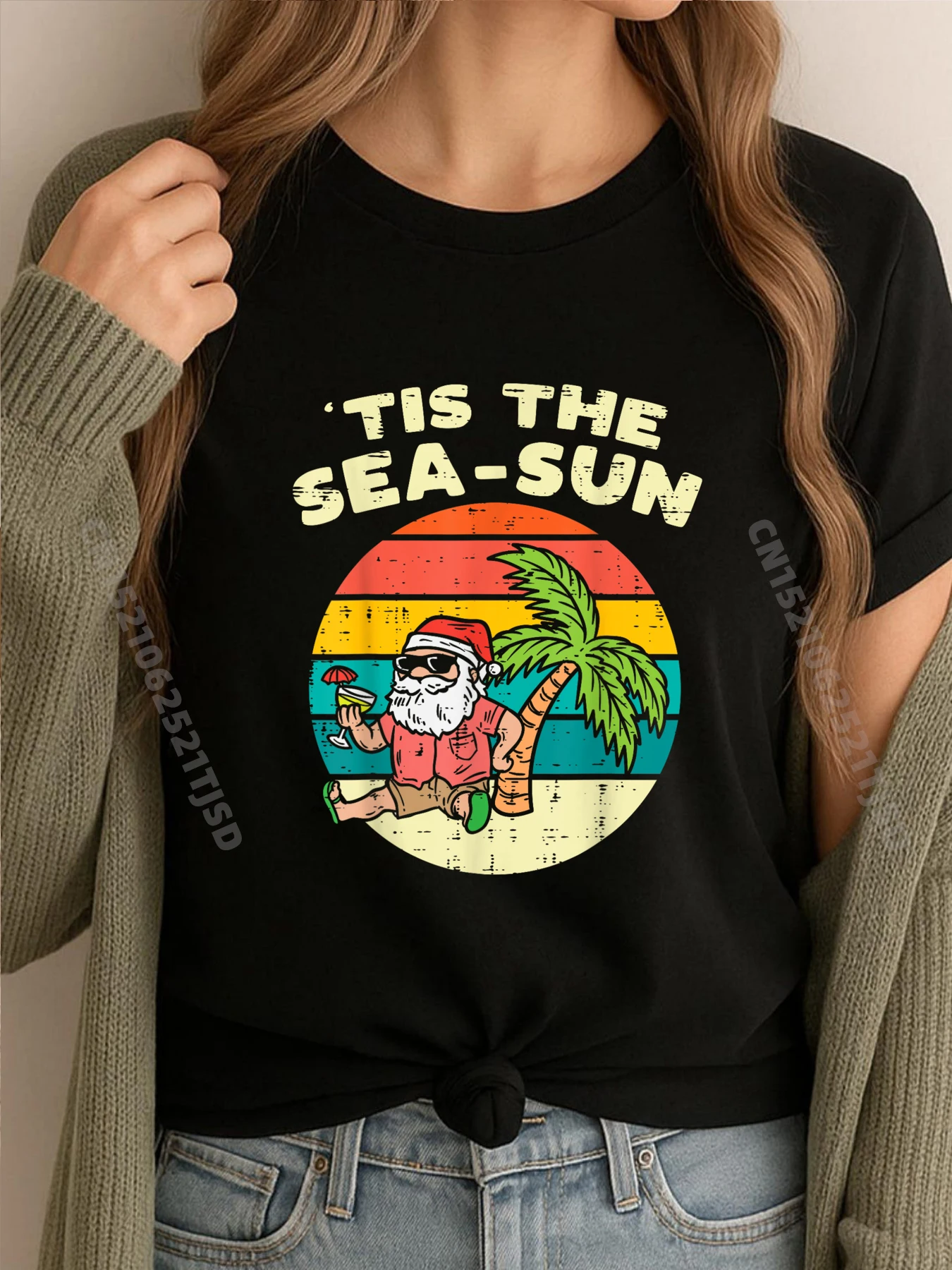 

Tis The Sea Sun Santa Beach Summer Christmas In July Summer Graphic T Shirts Woman Oversized Woman Clothes Tshirt Washed