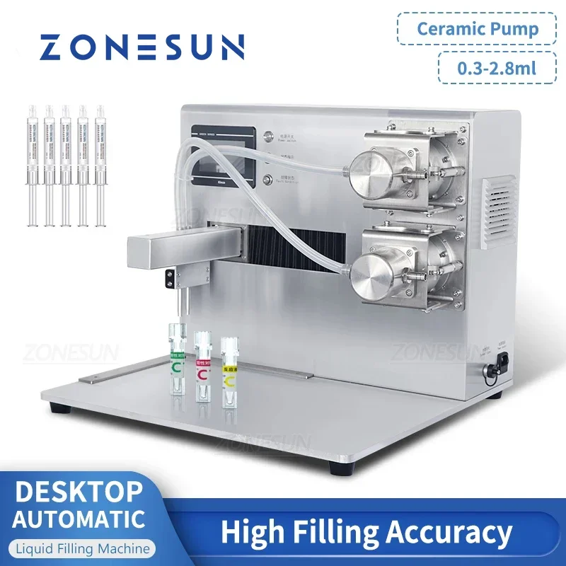 ZONESUN كاشف كيميائي مزدوج الرؤوس آلة تعبئة السوائل بمضخة السيراميك ذات الجرعة الصغيرة