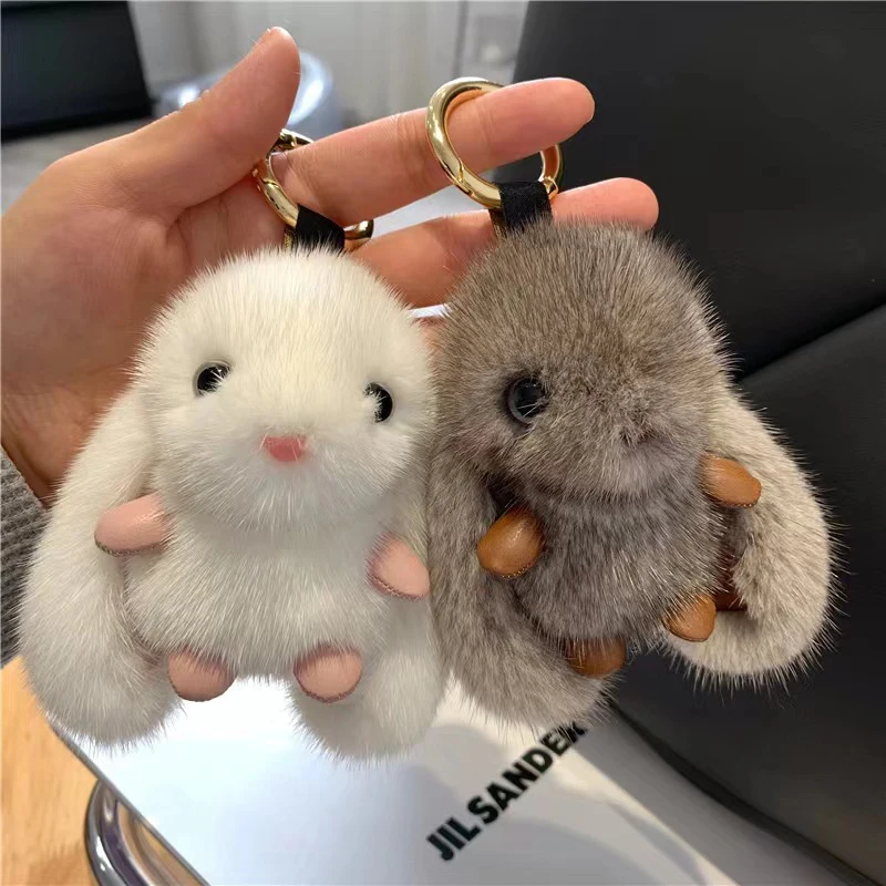 Cute Rabbit Keychain Ring Fluffy Fur Pompon Bunny Trinket Key Chain Charm Key Ring On Bag Car Key Pendant Gift for Girl
