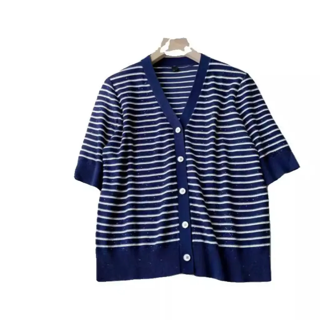 

Striped V-neck Beaded Yarn Cardigan Elegant Simple Generous Women's Open-Shirt Fashionable Unique Design F063006