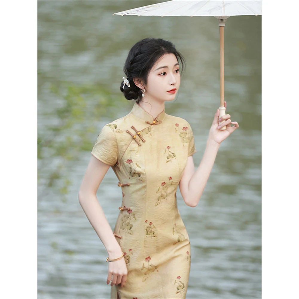 

Improved Yellow Printed Cheongsam Young Girl Summer Chinese Style High-end Dress Retro Elegant Temperament Split Qipao Chinoise