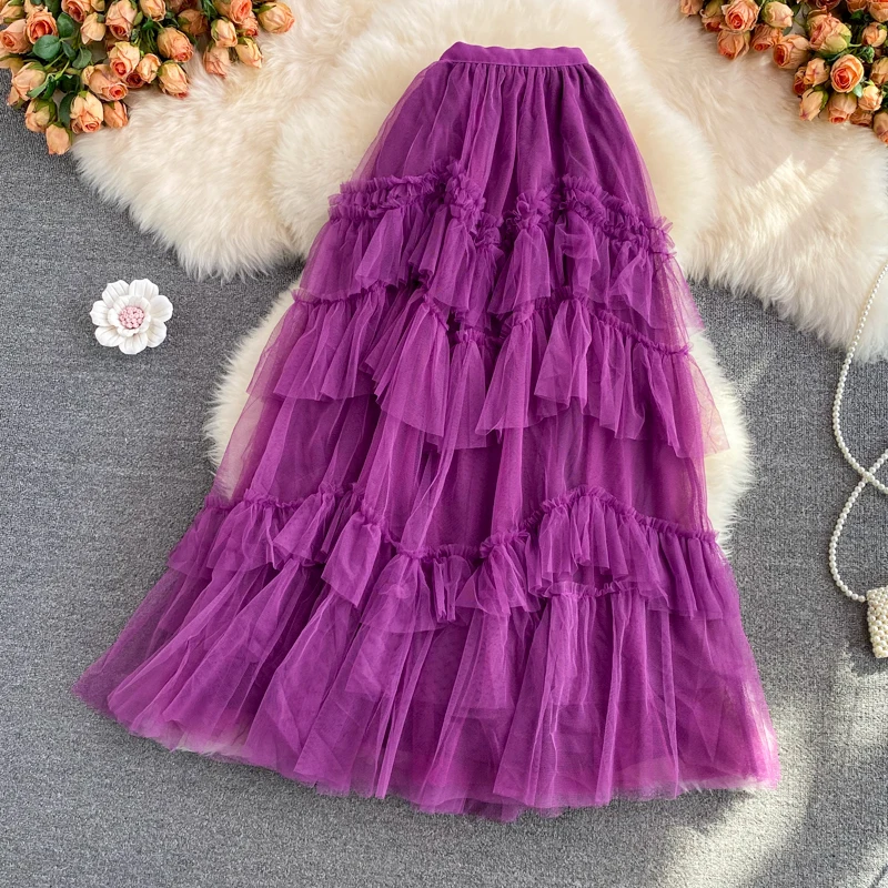 

Women High Waist Long Maxi Cake Skirt Mesh Voile Elastic Waist Elegant Pleated Party Y2k Streetwear Skirt