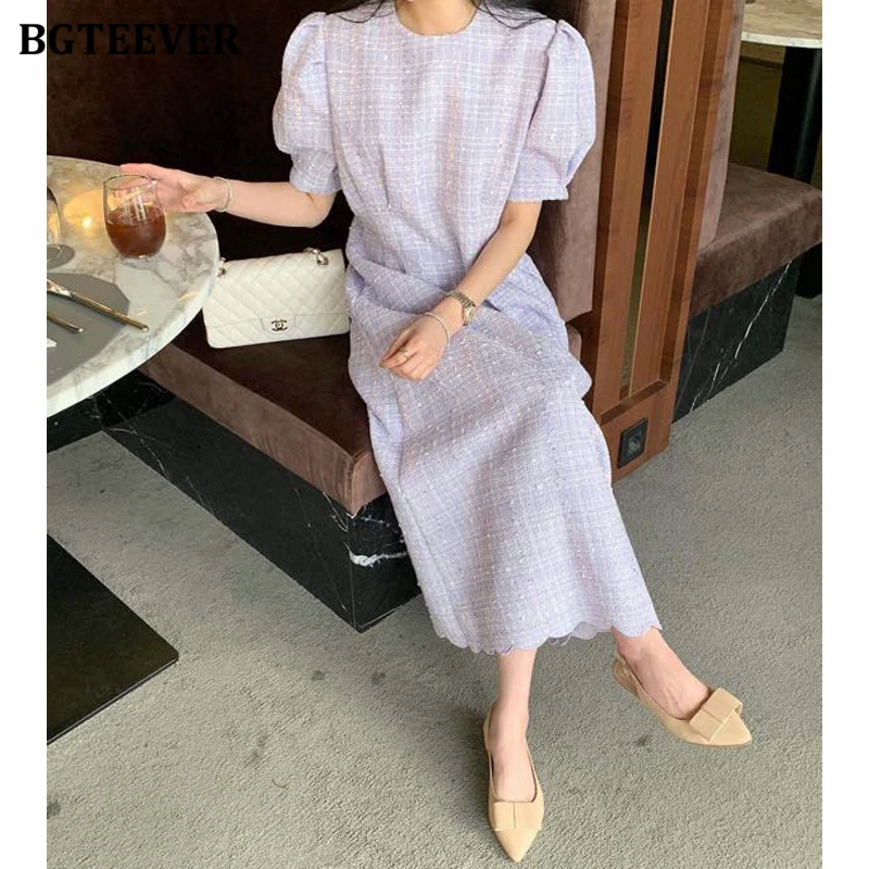 BGTEEVER Fashion Straight Long Dress Women Elegant O-neck Puff Sleeve Women Dress Summer Ladies Vestidos