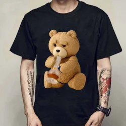 New Print Cute Teddy Bear Drink Beer T-shirt Men's Summer Short Sleeve Top Cotton Cool T-shirt Top Streetwear
