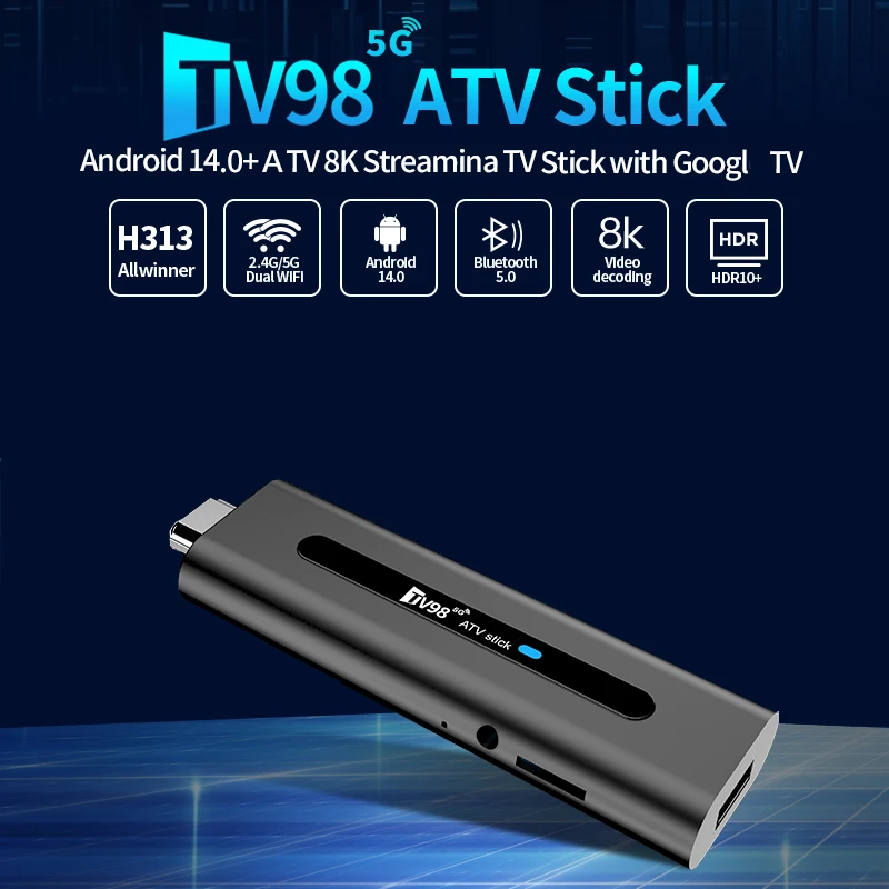 TV98 ATV Smart TV Stick Android 14 ATV Allwinner H313 Support 4G 5G Wifi HD 4K 8K TV Box BT5.0 2GB 16GB Voice remote TV Box