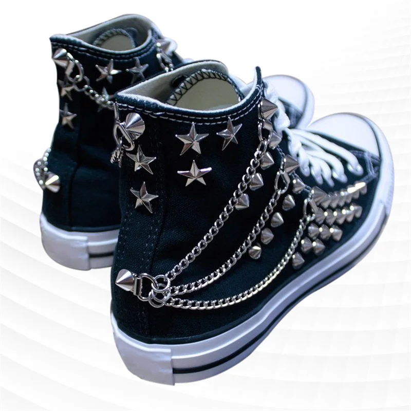 High-top belt chain sports rivet canvas shoes sequin comfortable walking shoes handmade rivets neutral vulcanized shoes 35-46