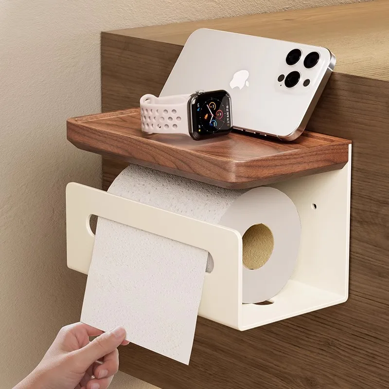 

Cream Style Log Tissue Holder Wall Mounted Bathroom Toilet Storage Rack Japanese Minimalist Design