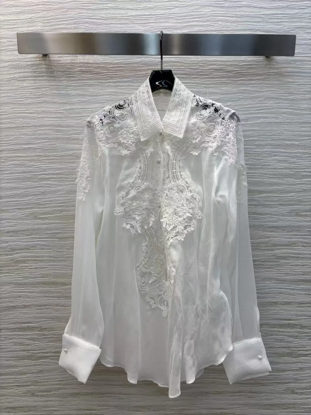 High end customized women's handmade lace applique shirt