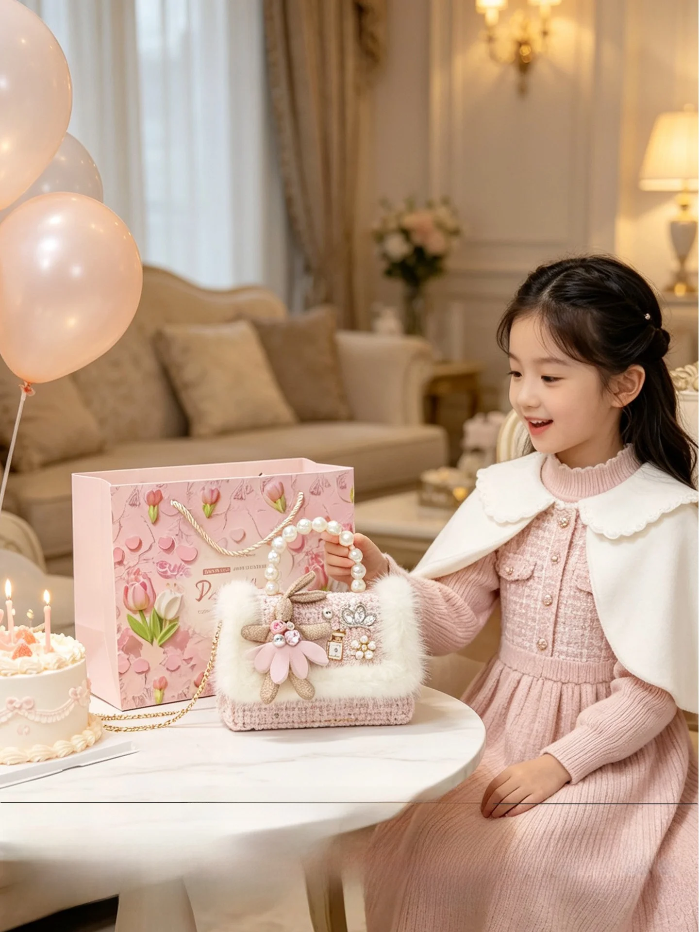 Cute Little Girl Pearl Embellished Rabbit Fur Crossbody Princess Handbag Children's Shoulder Bag Soft Polyester  Magnet...