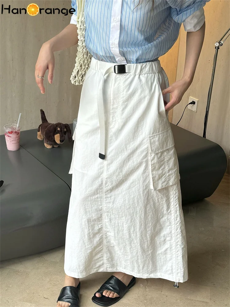 HanOrange 2024 Summer Outdoor Workwear 3D Pockets Skirt 100% Nylon Smooth Comfortable Loose Long Skirt Gray/Natural White