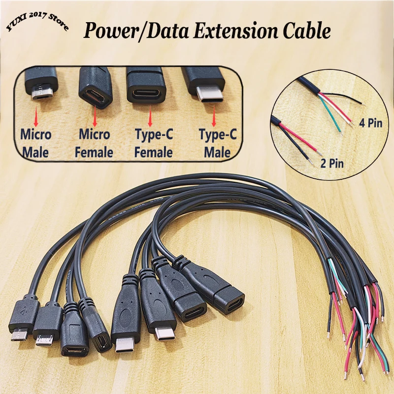 DIY Data Charging Extension Cable USB Power Supply Cable 2/4 Pin Micro USB Type-C Male Female Plug Wire Connector