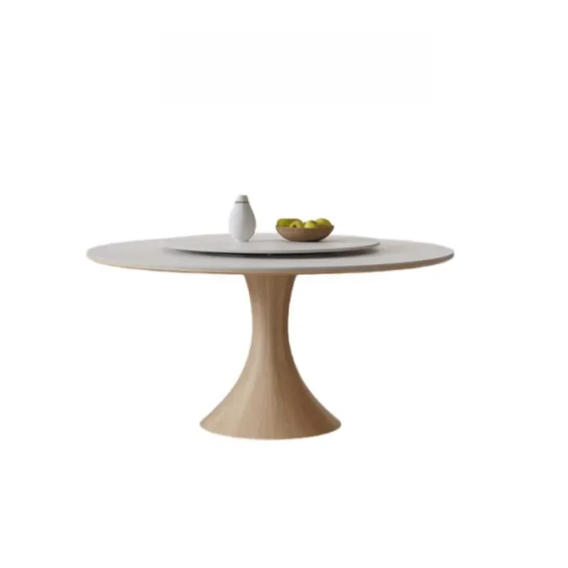 Nordic Modern Cream White round Dining Table with Solid Wood Base Rock Slab Top Small Apartment Friendly Full Support Design