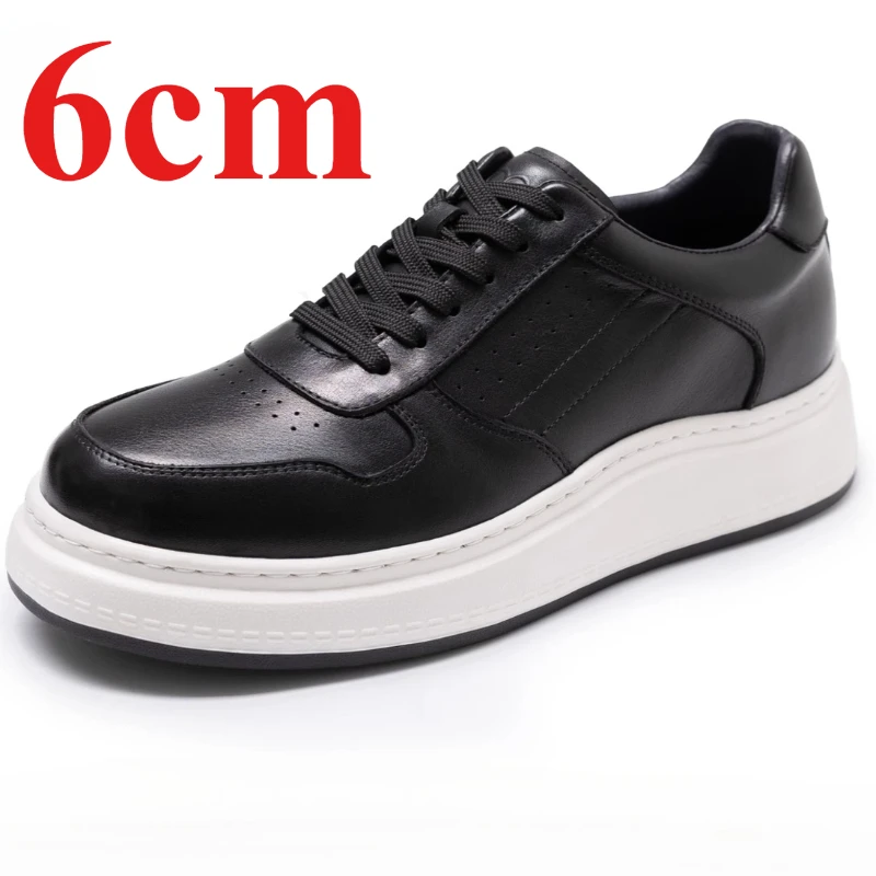 White Height Increasing Board Shoes for Men's 6cm Elevator Genuine Leather Comfortable Breathable Thick Sole Casual Sports Shoes