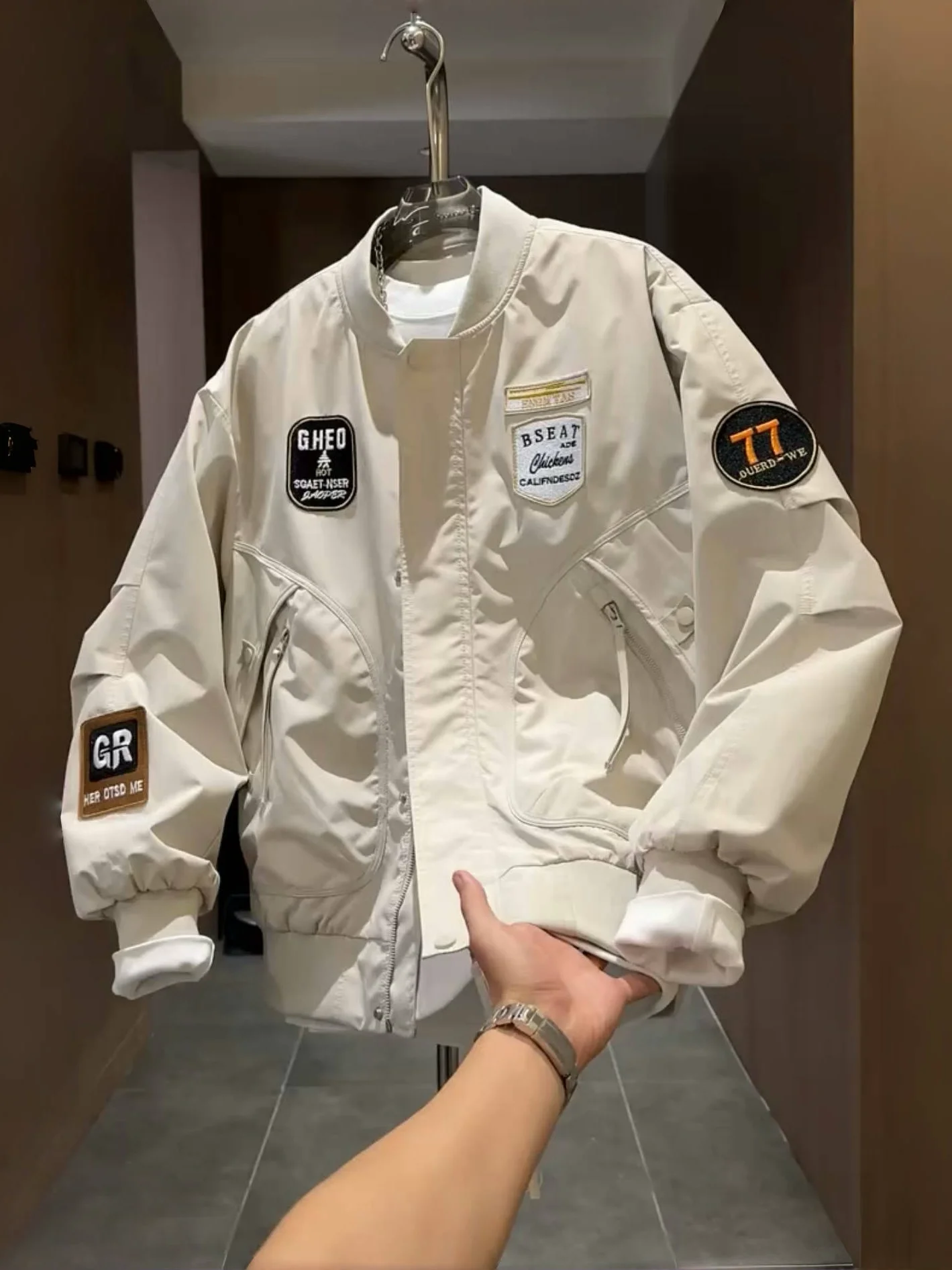 

Spring Autumn Heavyweight Embroidery Jaet Men's American Sle Casual Versatile Baseball Collar Coat Letter Patch Work