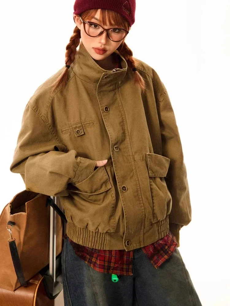 Americana Vintage Barn Jacket Women's Stand Shell Oversized Cleanfit & Utility Cargo Pockets Spring Fall Casual Bomber Coat