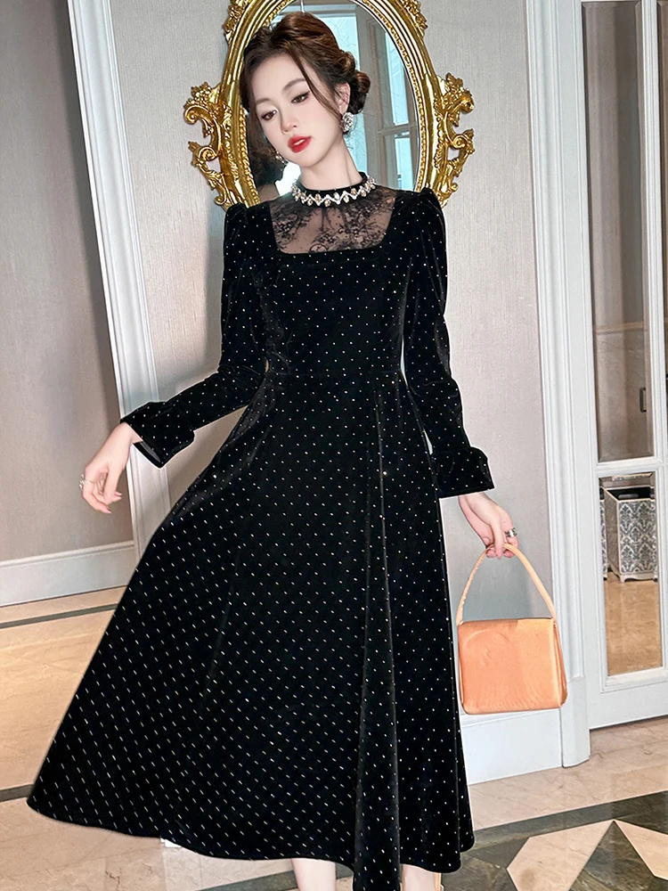 Dames Vintage Elegante Banketjurken Frans Zwart Kant Splice Heldere Steentjes Swing Gewaad Vrouwelijke Feest Prom Vestidos Dame