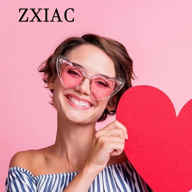 ZXIAC Valentine's Day Heart Shaped Sunglasses Retro Party Halloween Eyeglasses Vintage Glitter Crystal Decoration Sun glasses