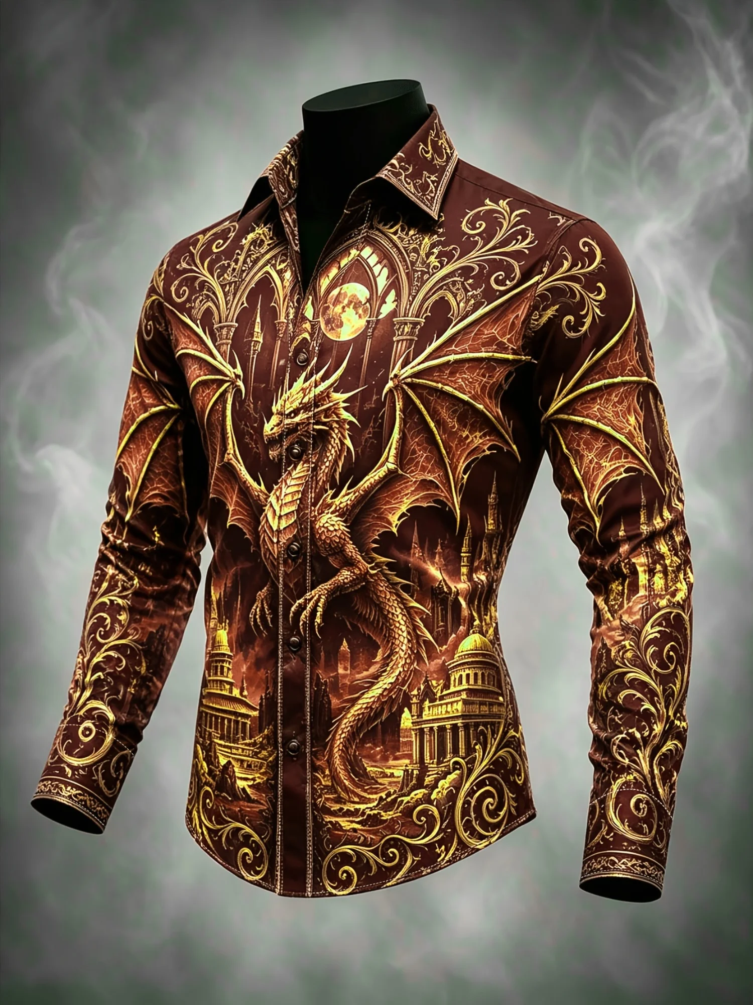 Men Long Sleeve Button Down Shirt Brown Golden Dragon Medieval Castle Print Polyester Lapel Collar Gothic Party