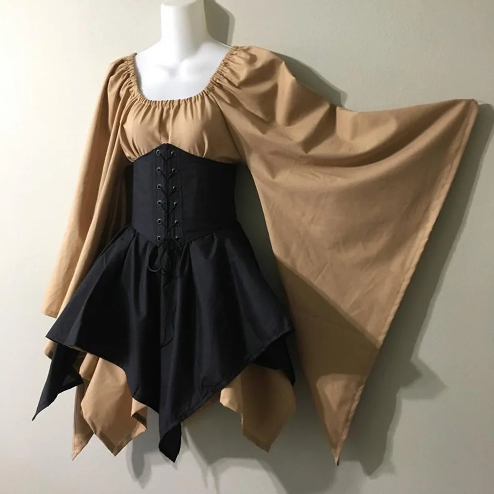 Renaissance Vintage Palast Victoria mittelalter liche Kostüm Frauen Halloween Cosplay voller Ärmel Taille Bandage Pta chwork Kleid Party