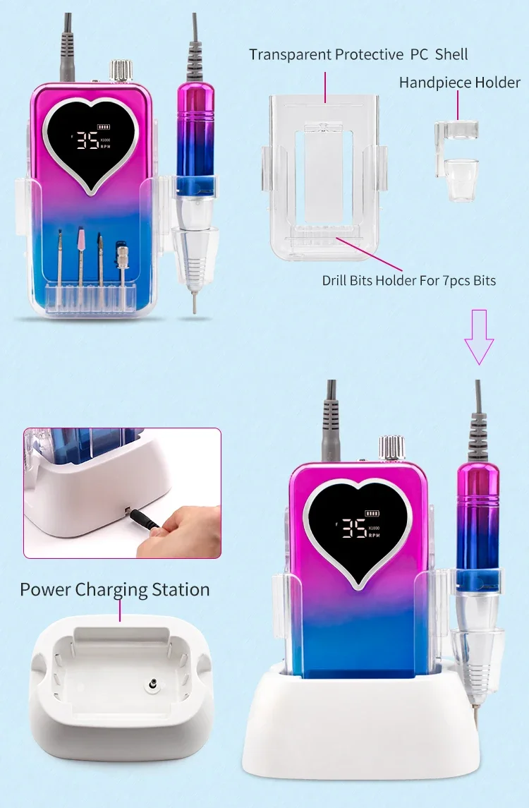 Nail Supplies Heart Shape Gradient Color 35000RPM Portable and Desktop Carbon Brush Quiet Electric Nail Drill Machine