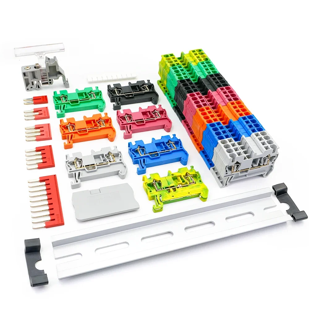 ST2.5 Din Rail Spring Contact Terminal Block Kit End Cover Stop Plug-In Jumper Bridge Marker Strip Assembly Combined 12AWG 1Set