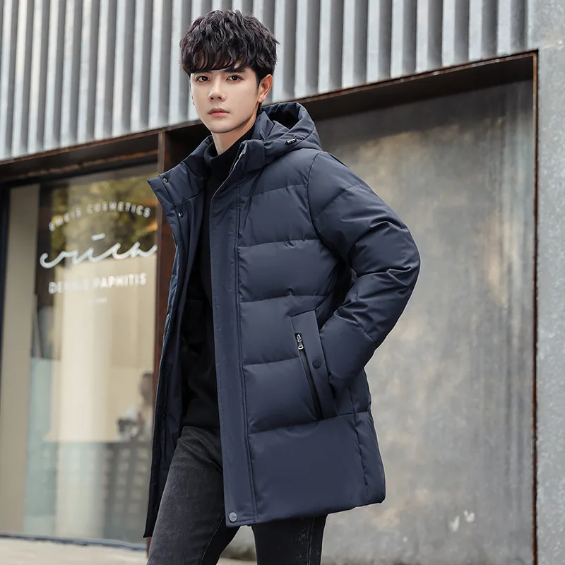 2023 Korean Version of Men's Mid Length Slim Fit, Thickened Warm Casual Hooded Down Jacket