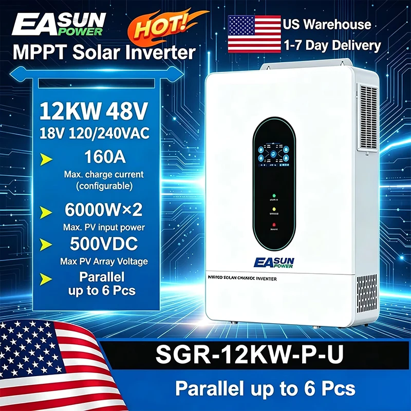 

EASUN POWER US 12KW 12000W Split Phase Solar Inverter Two MPPT Hybrid Soalr Inverter 160A 500VDC PV Input 110VAC 48VDC Pure Sine Wave hybrid dual output With WIFI 120V/220V parallel solar charging control Paralleled With WiFi Duty Free