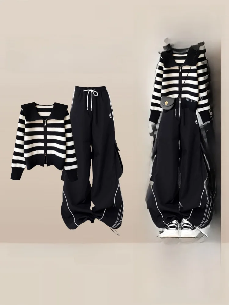 

Женский корейский спортивный комплект: полосатый кардиган на молнии и широкие брюки для похудения, зимний модный костюм из двух предметов