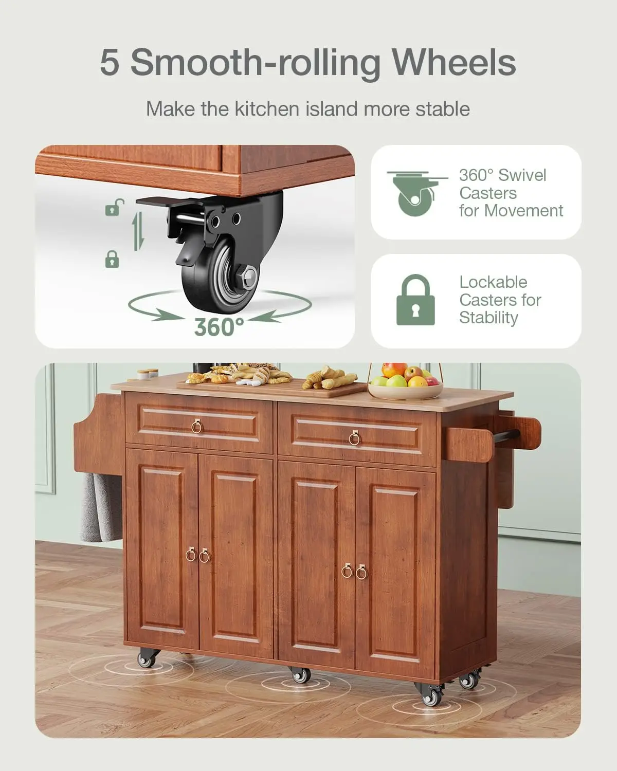 Kitchen Island with Drop Leaf and Storage, on Wheels Two Drawers, Large Storage Cabinet, Towel Rack Spice Cart Brown