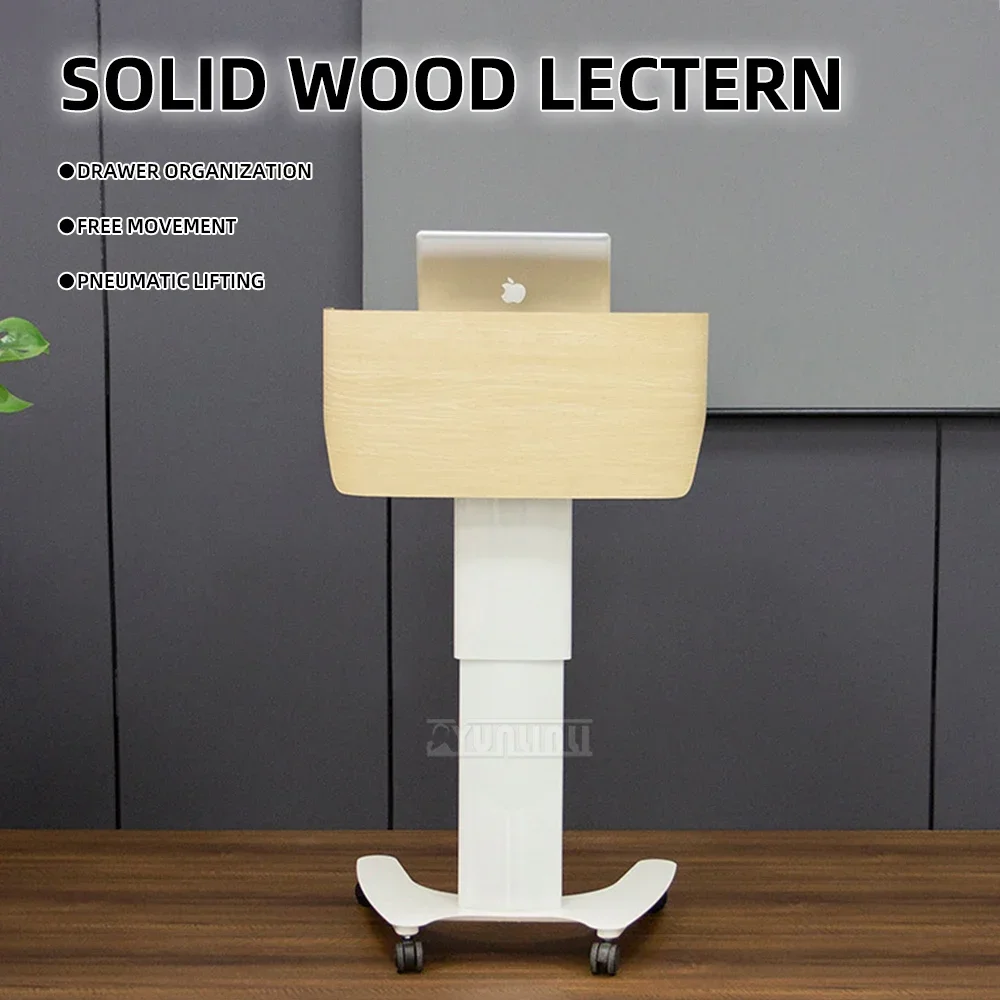 Solid Wood Lecture Desk Meeting Room Mobile Lifting Host Stand Computer Desk Adjustable Height
