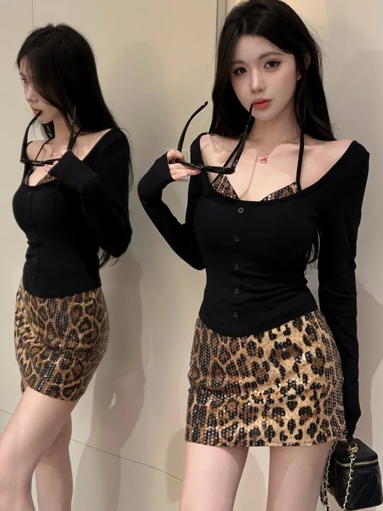 

Sexy Retro Style Long Sleeve Strap Neck Hanging Chest Wrap Leopard Print Wrap Skirt Three Piece Set for Trendy Girls Casual Wear