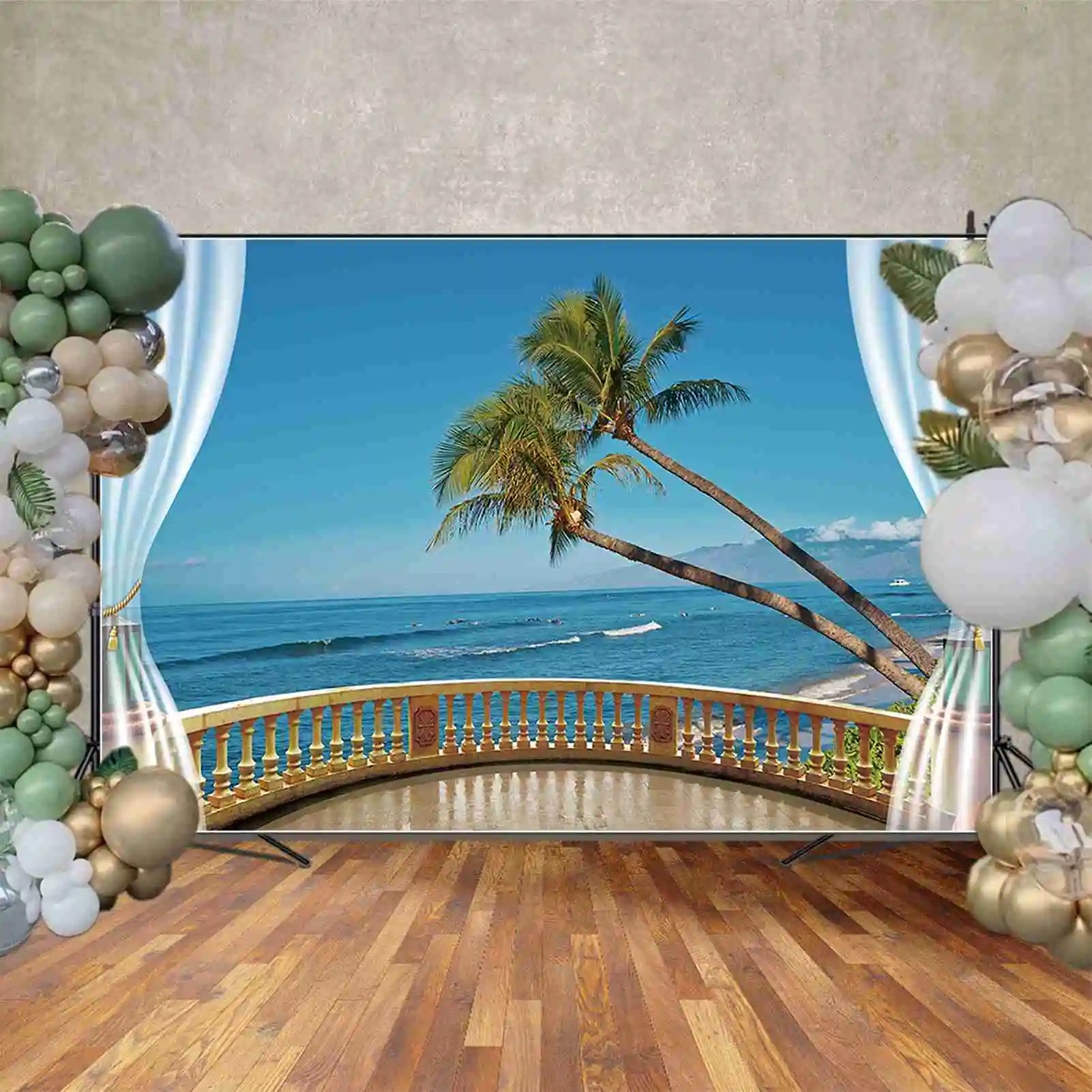 MOON.QG-Palmeira deixa o fundo para adultos, adereços personalizados de decoração de festa, cenários de verão e praia, fundo azul do oceano