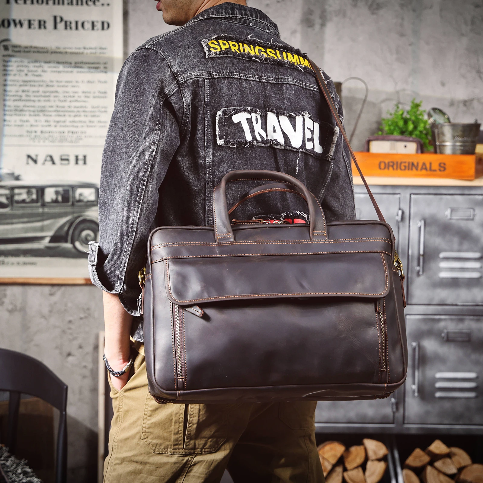 Vintage Echtleder Herren-Aktentasche 17" Laptop-Tasche, Messenger-Taschen für Arbeit und Business, Crazy Horse Rindsleder Handtasche – Detail 5