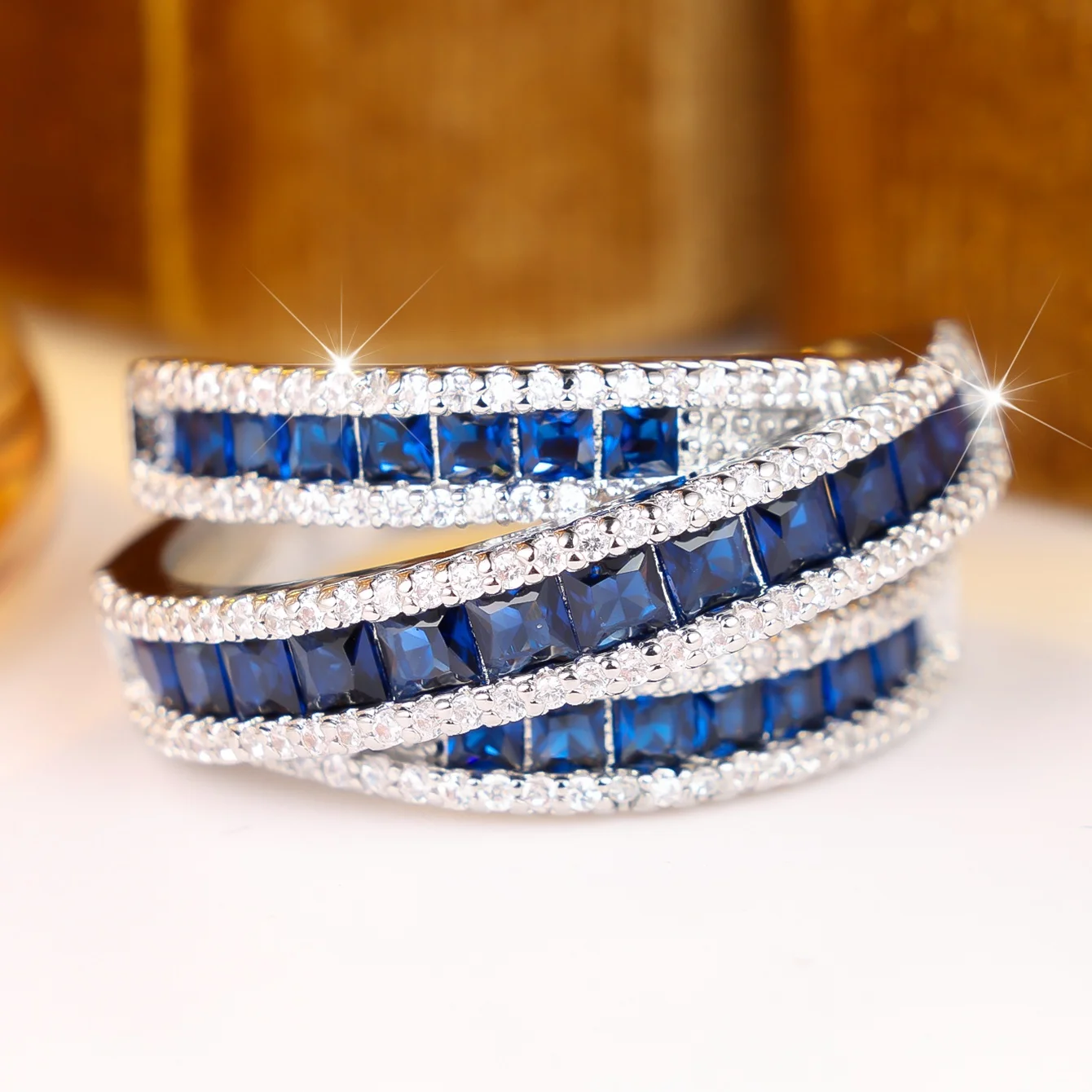 Small Geometric Charm Female Bule Zircon Stone Trendy Finger Ring Vintage Silver Color Wedding Band Bridal Jewelry For Women