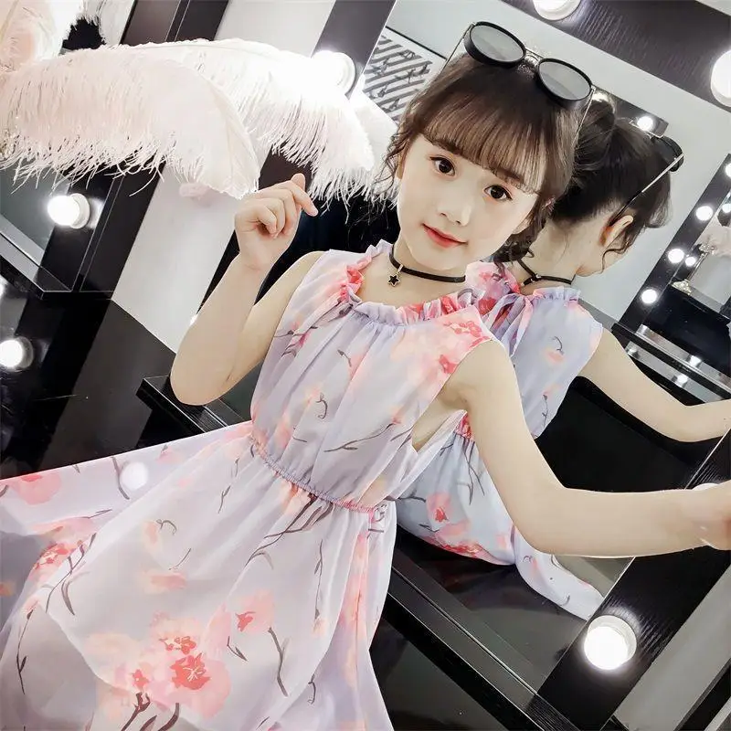 2026 summer kid baby party princess Girls Teenager bohemia floral slip halter dress chiffon 4 5 6 7 8 9 10 11 12 13 14 Years