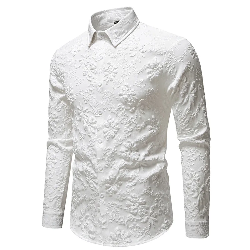 

Mens Slim Fit Long Sleeve Button Down Dress Shirts 2025 Brand White Jacquard Floral Shirt Men Party Wedding Prom Chemise Homme